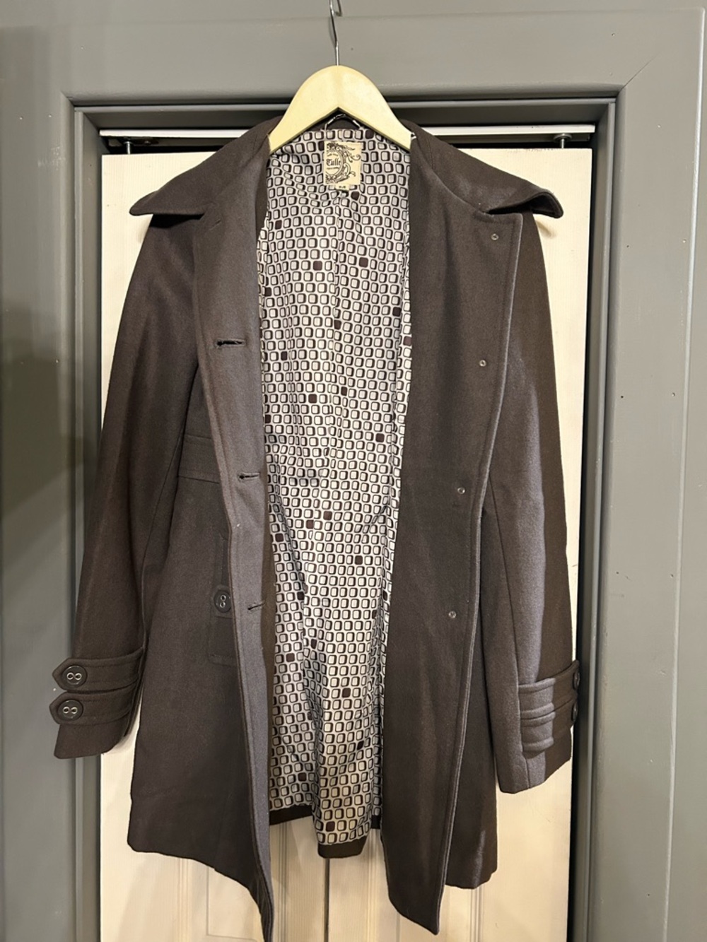 Tulle Dark Brown Women's Pea Coat with Patterned Lining